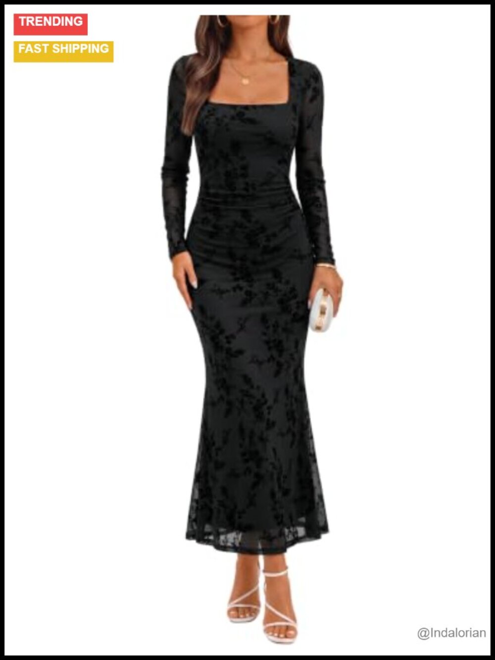 Long Sleeve Square Neck Bodycon Mesh Flocked Maxi Formal Dress